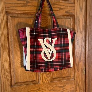 Victoria’s Secret Plaid Flannel Faux Sherpa Tote Bag NWOT